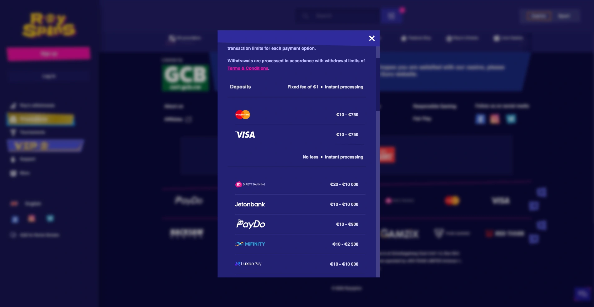 royspins payment methods