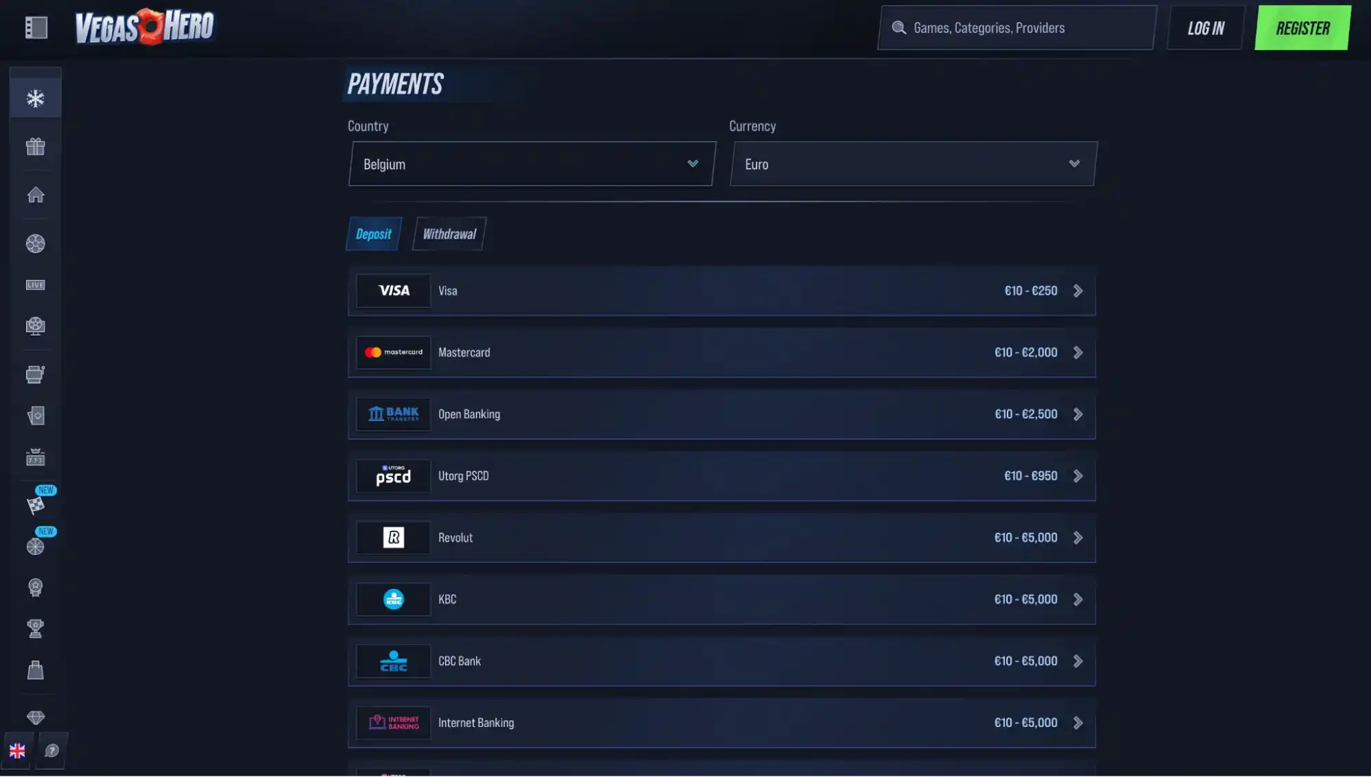 vegashero payment methods